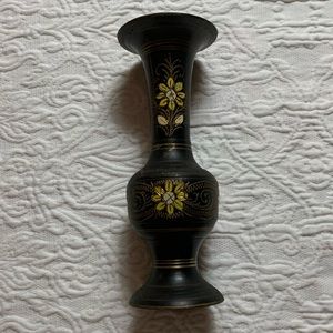 VINTAGE ETCHED BRASS (INDIA) VASE (CREME+GOLD..ETCHING) 6” TALL 2 1/2” MOUTH